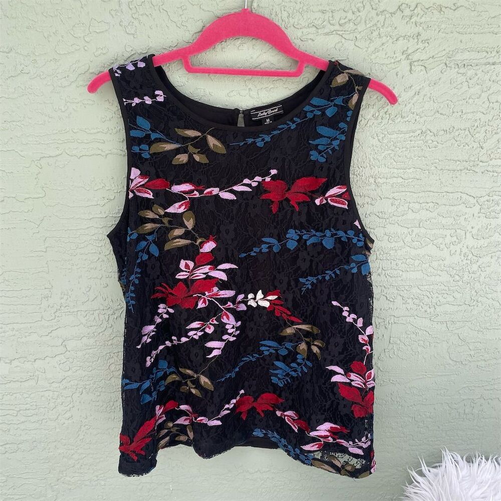 Lucky Brand Women's M Black Sleeveless Lace Embroidered Blouse